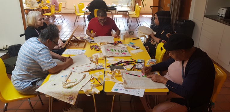 Bags of Well Being, Design Workshop, Ajay Choksi with participants designing Bags for the Counter Culture Exhibition at Bromley By Bow Health Centre