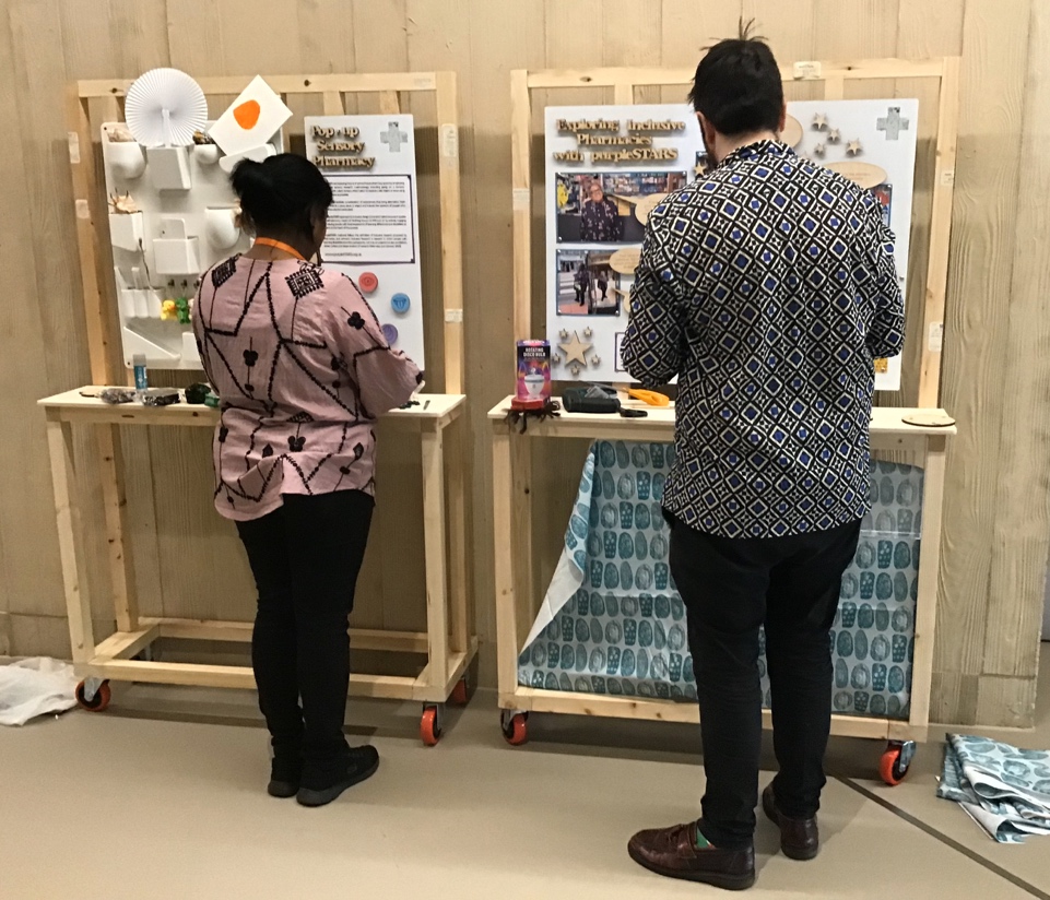 purpleSTARS sensory pharmacies display in construction for the Architecture of Pharmacies Counter Culture exhibition.