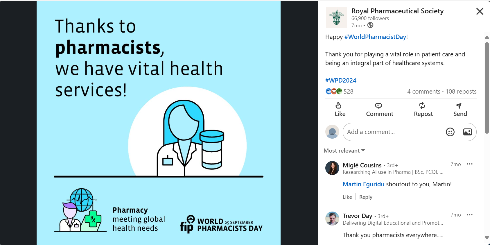 LinkedIn post on 25 September 2024 for World Pharmacist Day