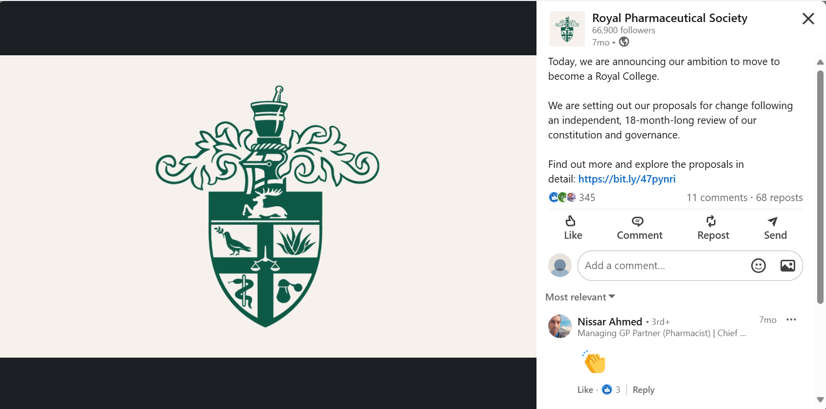 LinkedIn post for 12 September 2024 announcing RPS ambition to become a royal college