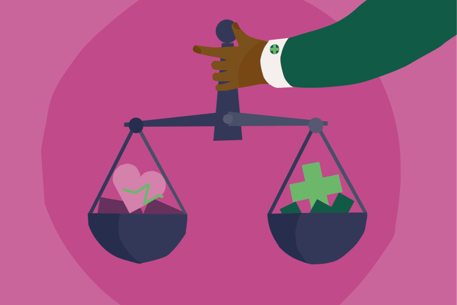 Pink illustration of a hand holding a set of scales containing a heart on one side and a pharmacy cross on the other