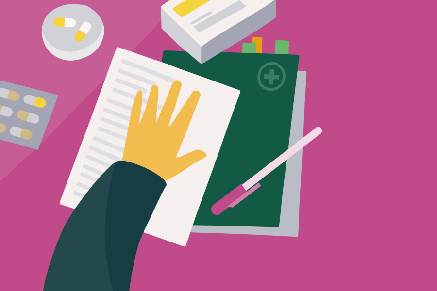 Illustration of a hand on a notepad next to some medicines