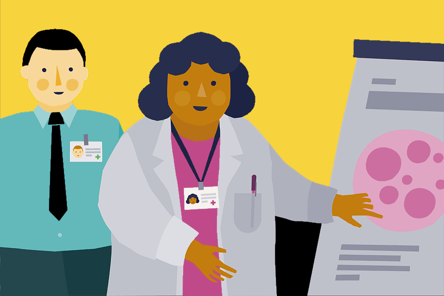 cartoon of woman presenting some research