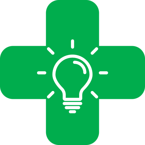 Image of pharmacy green cross with a lightbulb in the centre