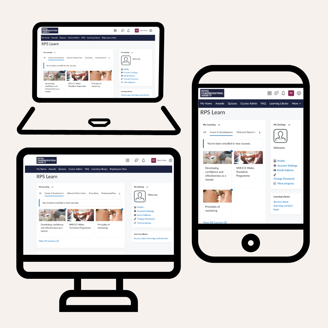 RPS Learn graphic - smartphone, laptop and desktop running RPS Learn